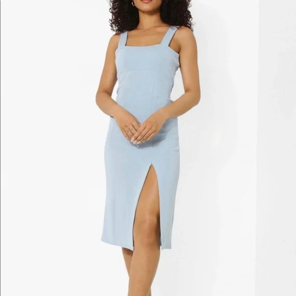 PETITE SQUARE NECK SPLIT MIDI DRESS, SIZE 10, PALE BLUE - Picture 3 of 4